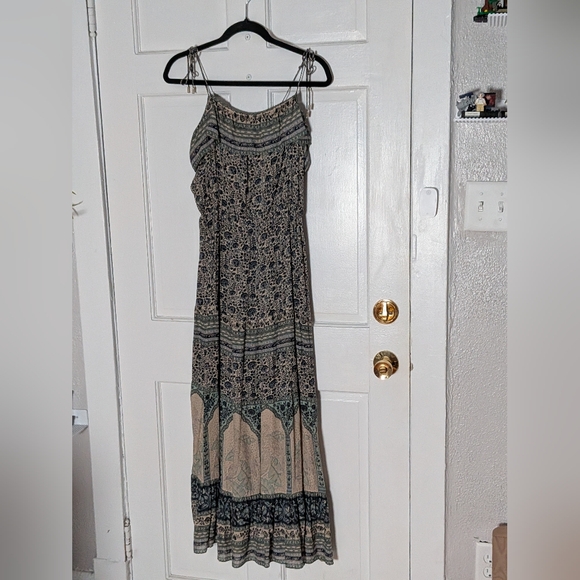 ba&sh Teresa Dress Vert Eau Print Boho Maxi Midi Tassel Tie Strappy Viscose - Picture 4 of 9